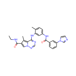 CCNC(=O)c1cn2ncnc(Nc3cc(NC(=O)c4cccc(-n5ccnc5)c4)ccc3C)c2c1C ZINC000029049150