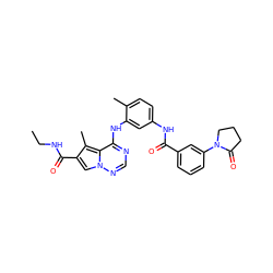 CCNC(=O)c1cn2ncnc(Nc3cc(NC(=O)c4cccc(N5CCCC5=O)c4)ccc3C)c2c1C ZINC000029049146