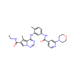 CCNC(=O)c1cn2ncnc(Nc3cc(NC(=O)c4ccnc(N5CCOCC5)c4)ccc3C)c2c1C ZINC000029049139