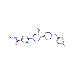 CCNC(=O)c1cnc(N2CCN(C3CCN(Cc4ccc(Cl)cc4F)CC3)[C@@H](CC)C2)c(Cl)c1 ZINC000035836711