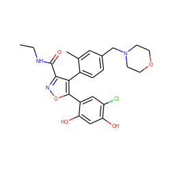 CCNC(=O)c1noc(-c2cc(Cl)c(O)cc2O)c1-c1ccc(CN2CCOCC2)cc1C ZINC000149330785