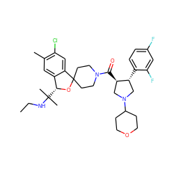 CCNC(C)(C)[C@H]1OC2(CCN(C(=O)[C@@H]3CN(C4CCOCC4)C[C@H]3c3ccc(F)cc3F)CC2)c2cc(Cl)c(C)cc21 ZINC000058592594