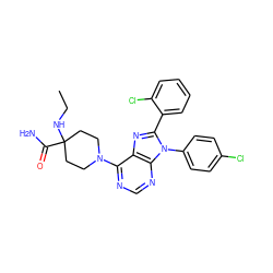 CCNC1(C(N)=O)CCN(c2ncnc3c2nc(-c2ccccc2Cl)n3-c2ccc(Cl)cc2)CC1 ZINC000003948997