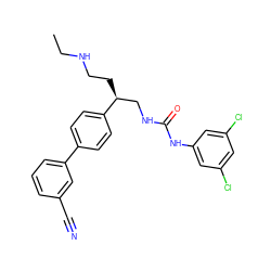CCNCC[C@@H](CNC(=O)Nc1cc(Cl)cc(Cl)c1)c1ccc(-c2cccc(C#N)c2)cc1 ZINC000028119673