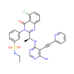 CCNS(=O)(=O)c1cccc(-n2c([C@H](C)Nc3ncnc(N)c3C#Cc3ccccn3)nc3cccc(Cl)c3c2=O)c1 ZINC000209633434