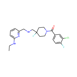 CCNc1cccc(CNCC2(F)CCN(C(=O)c3ccc(F)c(Cl)c3)CC2)n1 ZINC000000581872