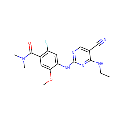 CCNc1nc(Nc2cc(F)c(C(=O)N(C)C)cc2OC)ncc1C#N ZINC000169705144