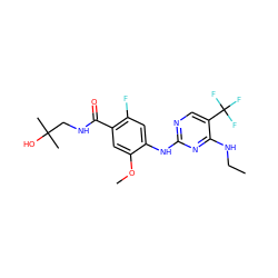 CCNc1nc(Nc2cc(F)c(C(=O)NCC(C)(C)O)cc2OC)ncc1C(F)(F)F ZINC000095575173