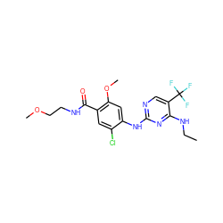 CCNc1nc(Nc2cc(OC)c(C(=O)NCCOC)cc2Cl)ncc1C(F)(F)F ZINC000169705091