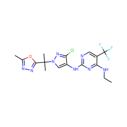 CCNc1nc(Nc2cn(C(C)(C)c3nnc(C)o3)nc2Cl)ncc1C(F)(F)F ZINC000205708354