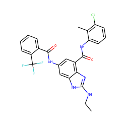 CCNc1nc2c(C(=O)Nc3cccc(Cl)c3C)cc(NC(=O)c3ccccc3C(F)(F)F)cc2[nH]1 ZINC000220354353