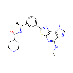 CCNc1nc2sc(-c3cccc([C@H](C)NC(=O)C4CCNCC4)c3)nc2c2c1ncn2C ZINC000066259398