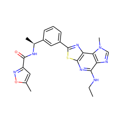 CCNc1nc2sc(-c3cccc([C@H](C)NC(=O)c4cc(C)on4)c3)nc2c2c1ncn2C ZINC000066251605