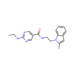 CCNc1ncc(C(=O)NCCn2c(C)cc3ccccc32)cn1 ZINC000095389045