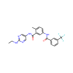 CCNc1ncc(NC(=O)c2cc(NC(=O)c3cccc(C(F)(F)F)c3)ccc2C)cn1 ZINC000169352880