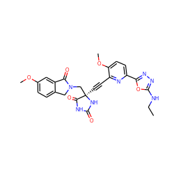 CCNc1nnc(-c2ccc(OC)c(C#C[C@]3(CN4Cc5ccc(OC)cc5C4=O)NC(=O)NC3=O)n2)o1 ZINC000096173639