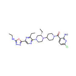 CCNc1nnc(-c2cnc(N3CCN(C4CCN(C(=O)c5ccc(Cl)nc5N)CC4)[C@@H](CC)C3)c(CC)n2)o1 ZINC000103266209