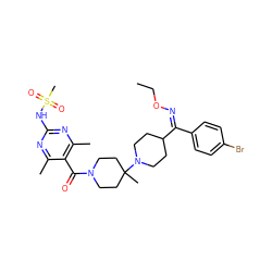 CCO/N=C(/c1ccc(Br)cc1)C1CCN(C2(C)CCN(C(=O)c3c(C)nc(NS(C)(=O)=O)nc3C)CC2)CC1 ZINC000027522382