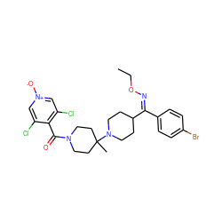 CCO/N=C(/c1ccc(Br)cc1)C1CCN(C2(C)CCN(C(=O)c3c(Cl)c[n+]([O-])cc3Cl)CC2)CC1 ZINC000027518678