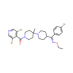 CCO/N=C(\c1ccc(Br)cc1)C1CCN(C2(C)CCN(C(=O)c3c(Br)cncc3Br)CC2)CC1 ZINC000003994281