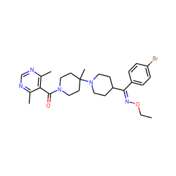 CCO/N=C(\c1ccc(Br)cc1)C1CCN(C2(C)CCN(C(=O)c3c(C)ncnc3C)CC2)CC1 ZINC000027748872