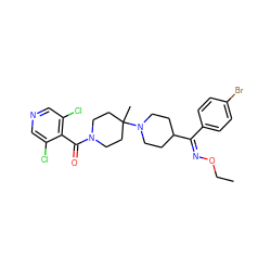 CCO/N=C(\c1ccc(Br)cc1)C1CCN(C2(C)CCN(C(=O)c3c(Cl)cncc3Cl)CC2)CC1 ZINC000003994280