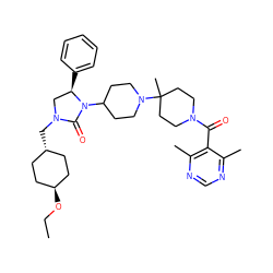 CCO[C@H]1CC[C@H](CN2C[C@@H](c3ccccc3)N(C3CCN(C4(C)CCN(C(=O)c5c(C)ncnc5C)CC4)CC3)C2=O)CC1 ZINC000261185098