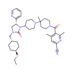 CCO[C@H]1CC[C@H](CN2C[C@H](c3ccccn3)N(C3CCN(C4(C)CCN(C(=O)c5c(C)cc(C#N)nc5C)CC4)CC3)C2=O)CC1 ZINC000253854824