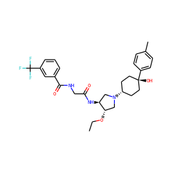 CCO[C@H]1CN([C@H]2CC[C@@](O)(c3ccc(C)cc3)CC2)C[C@@H]1NC(=O)CNC(=O)c1cccc(C(F)(F)F)c1 ZINC000101378281