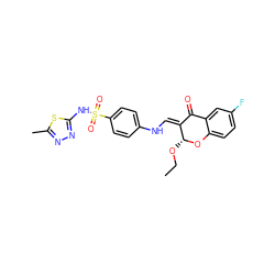 CCO[C@H]1Oc2ccc(F)cc2C(=O)/C1=C/Nc1ccc(S(=O)(=O)Nc2nnc(C)s2)cc1 ZINC000096273799