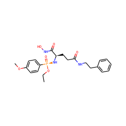 CCO[P@](=O)(N[C@H](CCC(=O)NCCc1ccccc1)C(=O)NO)c1ccc(OC)cc1 ZINC000013490336