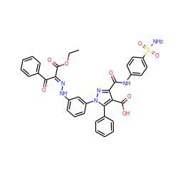 CCOC(=O)/C(=N/Nc1cccc(-n2nc(C(=O)Nc3ccc(S(N)(=O)=O)cc3)c(C(=O)O)c2-c2ccccc2)c1)C(=O)c1ccccc1 ZINC000095593580