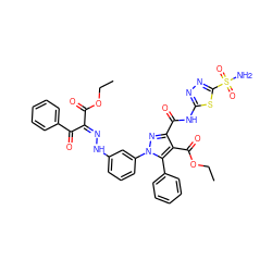 CCOC(=O)/C(=N/Nc1cccc(-n2nc(C(=O)Nc3nnc(S(N)(=O)=O)s3)c(C(=O)OCC)c2-c2ccccc2)c1)C(=O)c1ccccc1 ZINC000072136409