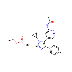 CCOC(=O)/C=C/Sc1nc(-c2ccc(F)cc2)c(-c2ccnc(NC(C)=O)c2)n1C1CC1 ZINC000299871893