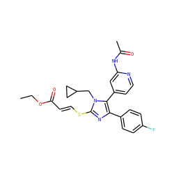 CCOC(=O)/C=C/Sc1nc(-c2ccc(F)cc2)c(-c2ccnc(NC(C)=O)c2)n1CC1CC1 ZINC000299868950