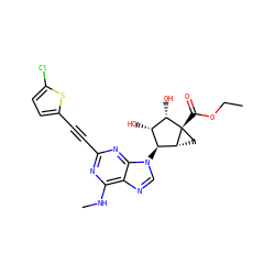 CCOC(=O)[C@@]12C[C@@H]1[C@@H](n1cnc3c(NC)nc(C#Cc4ccc(Cl)s4)nc31)[C@H](O)[C@@H]2O ZINC001772578223