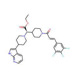 CCOC(=O)[C@@H](C1CCN(C(=O)/C=C/c2cc(F)c(F)c(F)c2)CC1)N1CCC(c2c[nH]c3ncccc23)CC1 ZINC000049872473