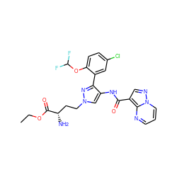 CCOC(=O)[C@@H](N)CCn1cc(NC(=O)c2cnn3cccnc23)c(-c2cc(Cl)ccc2OC(F)F)n1 ZINC001772589975