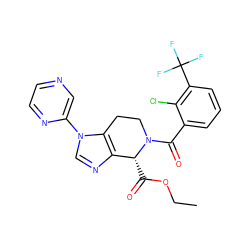 CCOC(=O)[C@@H]1c2ncn(-c3cnccn3)c2CCN1C(=O)c1cccc(C(F)(F)F)c1Cl ZINC000218358954