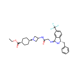 CCOC(=O)[C@H]1CC[C@@H](N2CC(NC(=O)C/N=C3/N[C@@H](Cc4ccccc4)c4ccc(C(F)(F)F)cc43)C2)CC1 ZINC000261140404