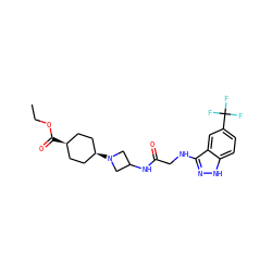 CCOC(=O)[C@H]1CC[C@@H](N2CC(NC(=O)CNc3n[nH]c4ccc(C(F)(F)F)cc34)C2)CC1 ZINC000261077972