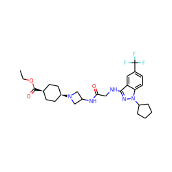 CCOC(=O)[C@H]1CC[C@@H](N2CC(NC(=O)CNc3nn(C4CCCC4)c4ccc(C(F)(F)F)cc34)C2)CC1 ZINC000253803588