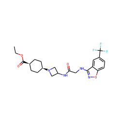 CCOC(=O)[C@H]1CC[C@@H](N2CC(NC(=O)CNc3noc4ccc(C(F)(F)F)cc34)C2)CC1 ZINC000261186328