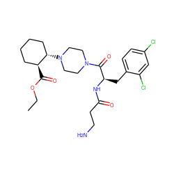 CCOC(=O)[C@H]1CCCC[C@@H]1N1CCN(C(=O)[C@@H](Cc2ccc(Cl)cc2Cl)NC(=O)CCN)CC1 ZINC000013983245