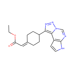 CCOC(=O)C=C1CCC(c2nnn3cnc4[nH]ccc4c23)CC1 ZINC001772608505