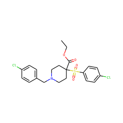 CCOC(=O)C1(S(=O)(=O)c2ccc(Cl)cc2)CCN(Cc2ccc(Cl)cc2)CC1 ZINC000052537215