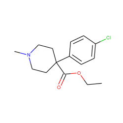 CCOC(=O)C1(c2ccc(Cl)cc2)CCN(C)CC1 ZINC000013610049