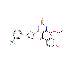 CCOC(=O)C1=C(C(=O)c2ccc(OC)cc2)[C@H](c2ccc(-c3cccc(C(F)(F)F)c3)o2)NC(=O)N1 ZINC000169349027