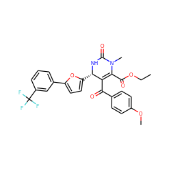 CCOC(=O)C1=C(C(=O)c2ccc(OC)cc2)[C@H](c2ccc(-c3cccc(C(F)(F)F)c3)o2)NC(=O)N1C ZINC000169349028