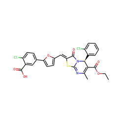 CCOC(=O)C1=C(C)N=c2s/c(=C\c3ccc(-c4ccc(Cl)c(C(=O)O)c4)o3)c(=O)n2[C@H]1c1ccccc1Cl ZINC000002921127